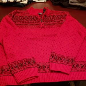 Chaps Red and Black Patterned Zip Up Sweater
